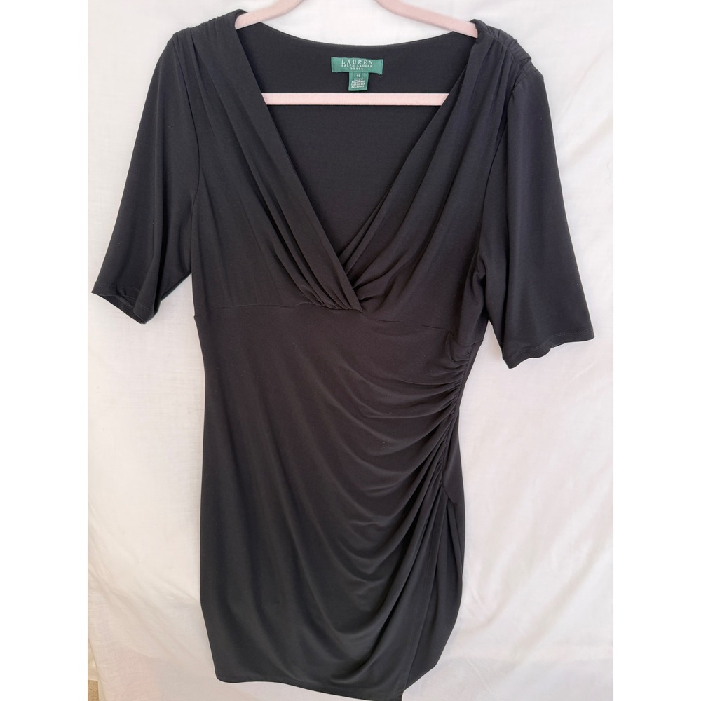 Lauren Ralph Lauren Black Ruched Faux Wrap V-Neck Cocktail Dress Womens 14 LBD